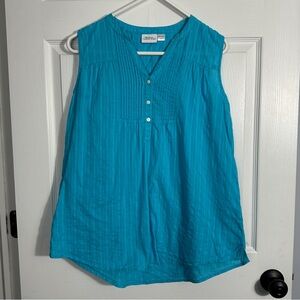 Vermont Country Store sz L sleeveless blue cotton pintucked top, v-neck